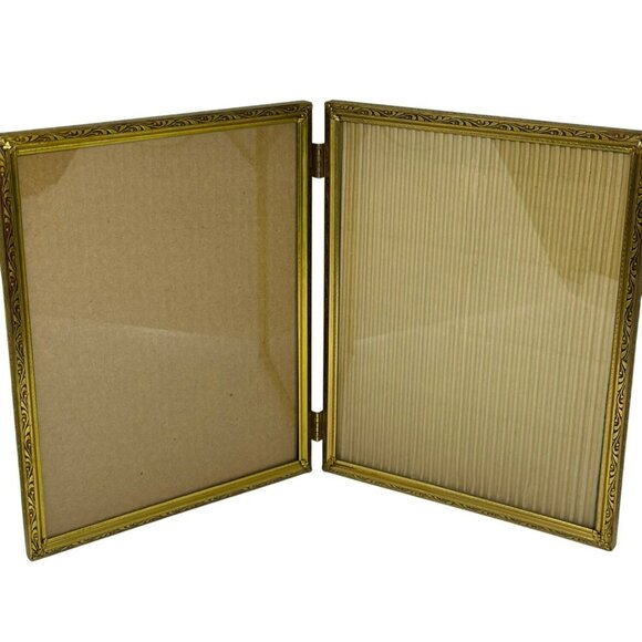 VTG Gold Tone Bifold Picture Frame | Ornate Double Hinged Photo Display 10"x8" - Picture 1 of 9